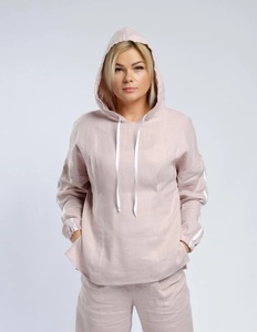 ชุดกีฬาผ้าลิ<span class=keywords><strong>น</strong></span>ินสีชมพูสำหรับผู้หญิงมีฮู้ดแขนยาวกางเกงทรงหลวมออกแบบได้ตามต้องการ - Product Image 1