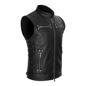 Gilets de moto en cuir confortables gilet pour hommes col montant poche zippée gilet de moto veste Slim Fit - Product Image 4