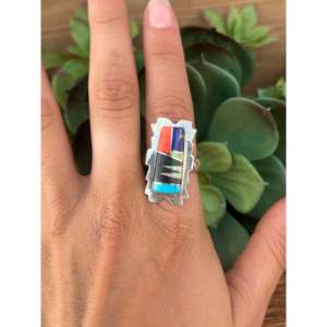 Navajo Handmade <b>Statement</b> <b>Ring</b> Multi-Color Turquoise & Sterling <b>Silver</b> Inlay Gemstone <b>Ring</b> Size 9 Everyday Wear - Product Image 2