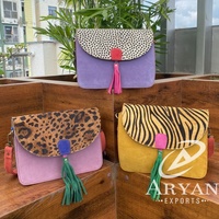 Tas selempang kulit Suede warna-warni cetak hewan kerajinan tangan penjualan tinggi untuk wanita tas tangan rumbai kulit daur ulang berkelanjutan
