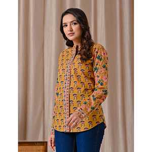 Blusa de Algodón con Estampado Floral Amarillo Intenso, Logotipo Bordado, Cuello Alto y Botones Delanteros, Talla XL, para Oficina - Product Image 5