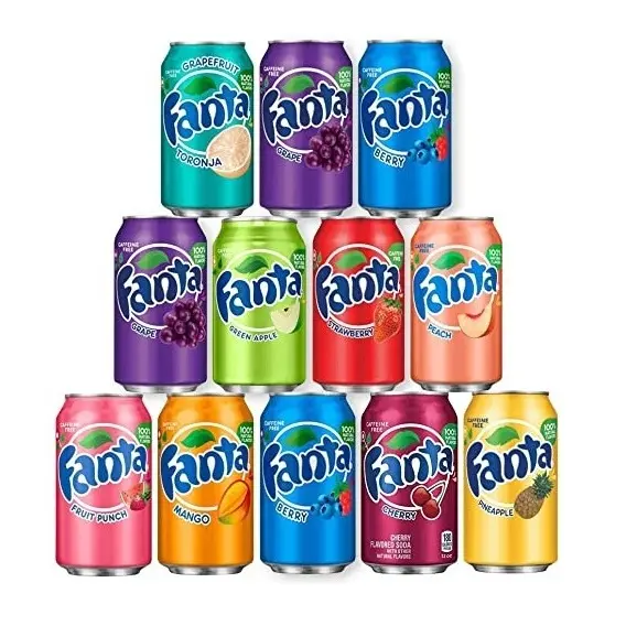 Fanta semua rasa/minuman ringan dan minuman karbonasi. Tersedia dalam kaleng dan botol