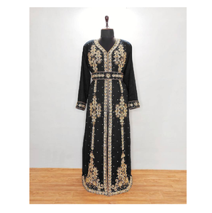 Caftan islamique modeste de haute qualité en Georgette noire et or brodée à la main fabricant indien à col haut musulman traditionnel - Product Image 1