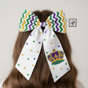 Celebrate Mardi Gras in Style with Premium Hail Muses <b>Hair</b> <b>Bow</b> Featuring Glitter Lettering Festive Beads Shimmering Shoe Motif - Product Image 2