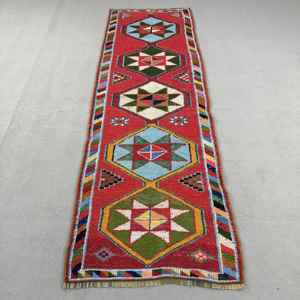 3.4x10.1 ft Turkish Rug, Vintage <b>Runner</b> Rug, <b>Red</b> Blue Striped Wool Rug - Product Image 1