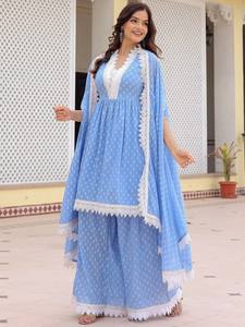 Mujeres étnicas geométricas impresas puro algodón A-Line Kurta con Palazzos & Dupatta indio pakistaní salwaar kameez - Product Image 2