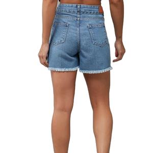 Shorts en jean déchiré taille haute écologiques pour femme, style vintage, ourlet effiloché, bleu clair, en coton respirant, idéal pour l'été - Product Image 2