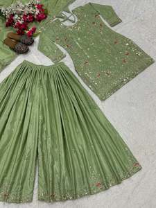 Conjunto de diseñador para novias y fiestas, con bordado de lentejuelas, top completamente cosido con sharara plazzo y dupatta, listo para usar. - Product Image 6