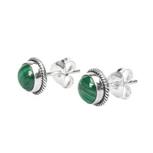 Everyday Elegance Malachite Stud Boucles d'oreilles fabriquées à la main en argent Sterling Rope Edge Design Bijoux de pierres précieuses vertes classiques pour cadeau - Product Image 5