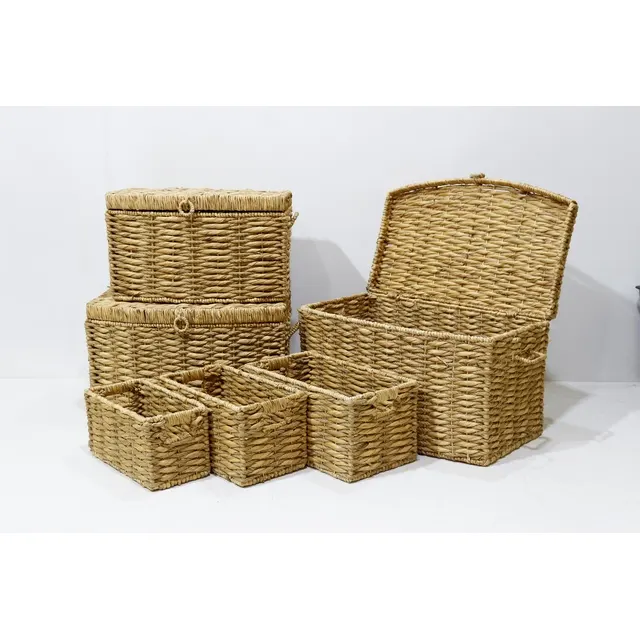 Set di 6 cesti rettangolari naturali 100% di giacinto d'acqua intrecciati per la casa di frutta cesti regalo rettangolari in Rattan con coperchio