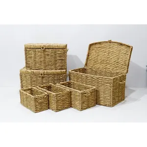 Satz bestehend aus 6 100 % natürlichen rechteckigen Wasserhyazinthe-Körben gewebte Frucht-Haus-Rechteckige Geschenk-Hamper-Rattan-Körbe mit Deckel