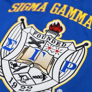 Sigma Gamma Rho SGRho Greek Sorority Royal Blue Camiseta de fútbol 100% Malla de poliéster con logotipos bordados Frente Atrás Hombros - Product Image 5