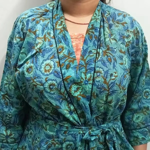 Main indienne bloc coton longue tenue robe de bain kimono femme et homme élégant plage couvrir kimono imprimé floral kimono imprimé sur - Product Image 6