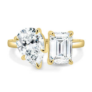 เครื่องประดับที่ดี Moi et Toi 18K แข็งสีเหลืองทองสองหินที่กำหนดเองขนาดมรกตลูกแพร์ตัดซ่อนรัศมีวงแหวนเพชรสำหรับเธอ - Product Image 1