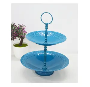 Low-Priced Iron Powder Coated Blue Embossed 2-Tier Cake Stand Server Nordic Unique Luxury Style for Christmas Best Cake Tray