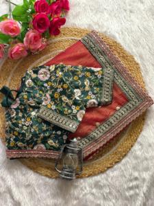 ผ้าพิมพ์ลายดอกไม้สำหรับงานแต่งงานงานเลี้ยงแฟนซีผ้าส่าหรีแบบอินเดียหรูหราดีไซน์ใหม่ล่าสุด - Product Image 5