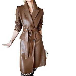 Women's Long Down Coats Waterproof Knitted PU Leather Genuine Leather Shell Stand Collar Fur Trim Polyester Fiber Filled - Product Image 6