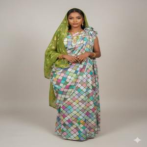 Tela Jacquard Somalí de Primera Calidad para Dirac con Diseño de Bloques Multicolor en Verde Oliva Garbasaar para Ropa de Fiesta - Product Image 1