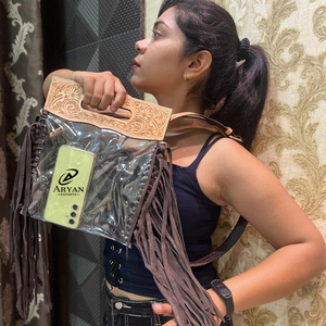 Nouveau Style occidental fait à la main en cuir repoussé frange sac de stade clair Unique en cuir véritable repoussé Concert clair sac à poignée supérieure - Product Image 1