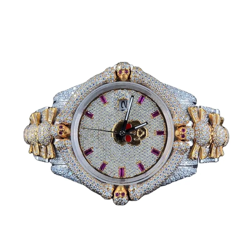 신상품 패스 다이아몬드 테스터 해골 밴드 힙합 손목 시계와 Lab그로운 다이아몬드 탑 브랜드 해골 베젤