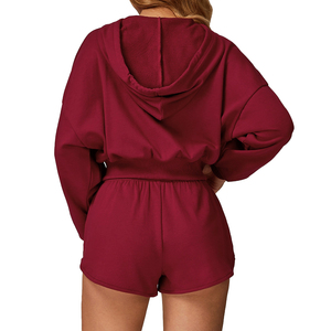 Streetwear pour femmes solide à manches courtes à capuche 2 pièces ensemble short en tissu éponge Spandex/coton respirant écologique séchage rapide - Product Image 2