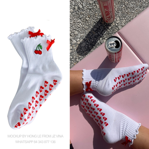 Wholesale BCSI Crew Pilates <b>Socks</b> with Cherry & Bow Design Custom Logo & Packaging Anti-Slip Ruffle Grip for Gym, Yoga & Barre - Product Image 1