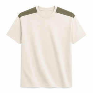 Camiseta de algodón personalizada color marfil con paneles en los hombros color oliva, de manga corta, premium para hombre, al por mayor. - Product Image 1