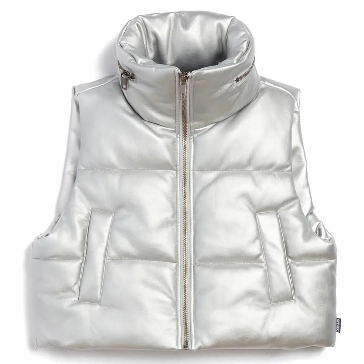 OEM Factory Custom Plush padding extra warm metallic leather cropped vest stowaway hood and convenient front pockets