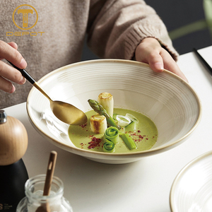 Bol en céramique beige de 10 pouces avec bord doré, <span class=keywords><strong>assiette</strong></span> creuse texturée pour restaurants et bistrots européens, approvisionnement commercial en gros - Product Image 5