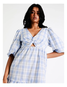 Vestido Midi Ultimate Summer para mujer con diseño de escote en V con estampado de cuadros completos Método de tejido de cintura natural - Product Image 6