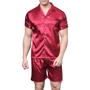 Conjunto de pijama de seda satinada con logotipo personalizado OEM para hombre, ropa de dormir de seda de rayón, conjunto de pijama masculino de verano, camisón suave personalizado para hombre - Product Image 1