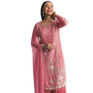 Costume Kurta Sharara en tissu rose avec broderie Moti Cut Dana pour les réceptions de mariage en gros Cérémonies culturelles et personnalisées - Product Image 4