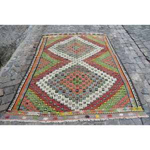 Tapis turc vintage grande surface 5.8x7.5 pieds intérieur rouge vert laine Latex Patchwork forme rectangulaire Tabriz pour chambre couloir - Product Image 1