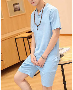 Ensemble décontracté d'été à manches courtes pour hommes, t-shirt et short pour l'entraînement et le streetwear, costume 2 pièces de couleur unie - Product Image 2