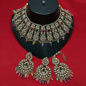 Conjunto de collar gargantilla chapada en oro étnico de diseñador con piedras austriacas brillantes joyería de declaración para novias ocasiones especiales - Product Image 4