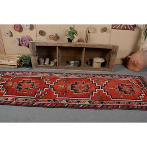 Vintage Herki <b>Runner</b> Rug 3.2x10.3 ft (98x315 cm), Turkish <b>Red</b> Polka dot Rug - Product Image 4