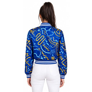 Chaqueta Varsity con Patrón Geométrico Azul, Manga Larga, Cuello Camisero, Cierre de Botones, Ropa de Otoño para Mujer - Product Image 5