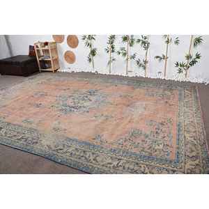 Alfombra Turca Vintage, Alfombra de 8,8x12,9 pies, Alfombra Oriental de Lana Azul Beige - Product Image 4