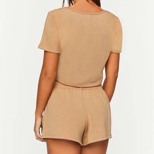 Ensemble t-shirt et short d'entraînement confortable et élégant pour femmes, tenue décontractée à motif solide pour vêtements de sport, ensembles pour femmes en coton - Product Image 2