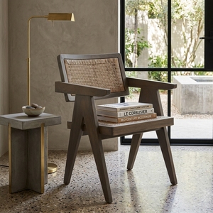 Grey Solid Wood Woven Rattan <b>Armchair</b> V Leg Chandigarh Style Accent <b>Dining</b> Chair Outdoor Patio Setup Art Design Decor - Product Image 5