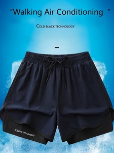 Custom Logo Men's Navy Blue Running Shorts With Black Inner <b>Layer</b> Drawstring Waist Sporty Style Quick Dry Fabric Short Length - Product Image 3