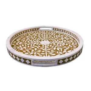 Plateau de service artisanal de taille personnalisée le plus vendu, incrustation de nacre ronde en bois et os, pour un usage domestique pour Diwali - Product Image 1