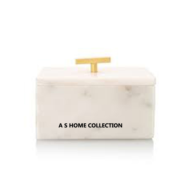 Decorative New Design Rectangle Malachite White Marble Jewelry Box with Metal Golden Handle