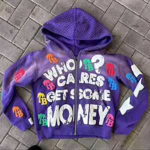 Printemps Mode Surdimensionné Lourd Lavage À L'acide Hip Hop Vintage Distressed Broderie Patch Strass À Capuche grande taille - Product Image 1