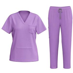Servicio OEM elástico con cuello en V para mujer conjuntos de traje de limpieza Spandex manga corta enfermera Scrub belleza uniforme ropa de trabajo uniformes de hospital - Product Image 4