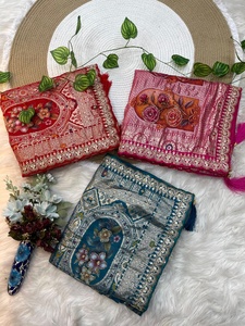 ผ้าไหมโดลาสีแสดที่มีงานทำมือส่าหรีผู้หญิงแฟชั่นผู้ผลิตและผู้จำหน่ายจากอัตราที่ต่ำที่สุด - Product Image 6