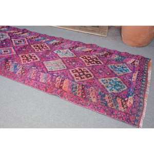 Tapis Vintage Turc Bohème Rose Bleu 3.1X11 ft Laine Grande Surface Patchwork Design pour Couloir Chambre Latex Chambre Tapis De Chevet - Product Image 2