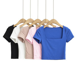 Camiseta de Moda para Mujer de Manga Corta, Nueva, con Hombro Asimétrico, Decoración sin Tirantes, Diseño Plisado, Estilo Dulce y Liso - Product Image 1