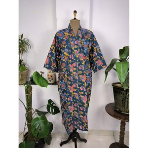 Boho-Hausrobe Indischer Handbedruckter Baumwoll-Kimono Mit Roten Wildblumen Perfekt Fr Den Sommer Luxurise Strandferien Plus - Product Image 3