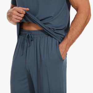 Pyjama d'été de luxe personnalisé pour homme – Ensemble décontracté en coton uni à col rond et pantalon long – Vente en gros OEM ODM – Grandes tailles – Confort optimal - Product Image 4